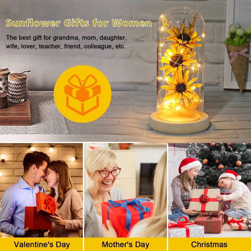 socathey Sunflower Gifts for Women  Artificial Sunflowers in Glass Dome with LED Strip  1PSC Sunflower Decor on Mother's Day  Valentine's Day  Christmas  Thanksgiving  Birthday (Yellow) - Image 5